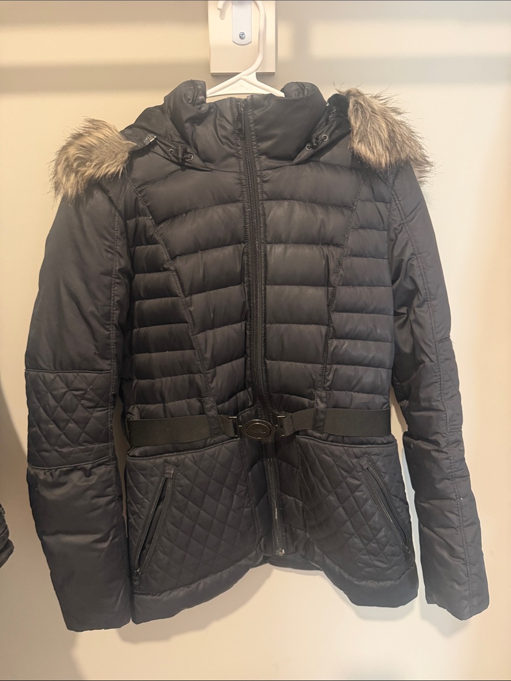 The North Face Women’s Black Quilted Belted Puffer with Faux Fur Trim